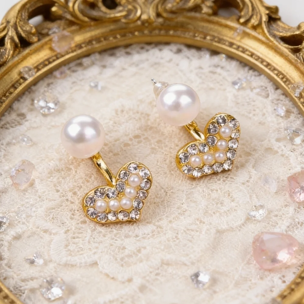 Pearl & Crystal Heart Earrings Dainty Romantic Everyday Style